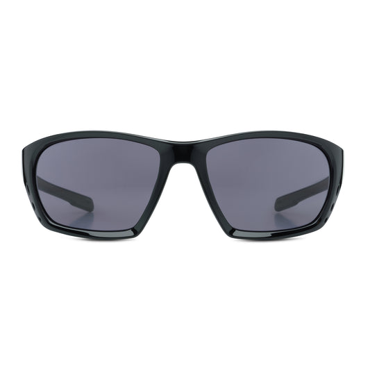 Black sunglasses with dark lenses on a white background
