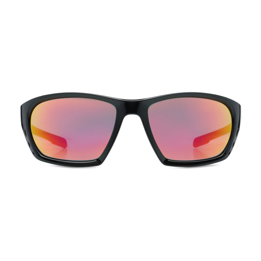 Sunglasses with black frame and red-tinted lenses on a white background