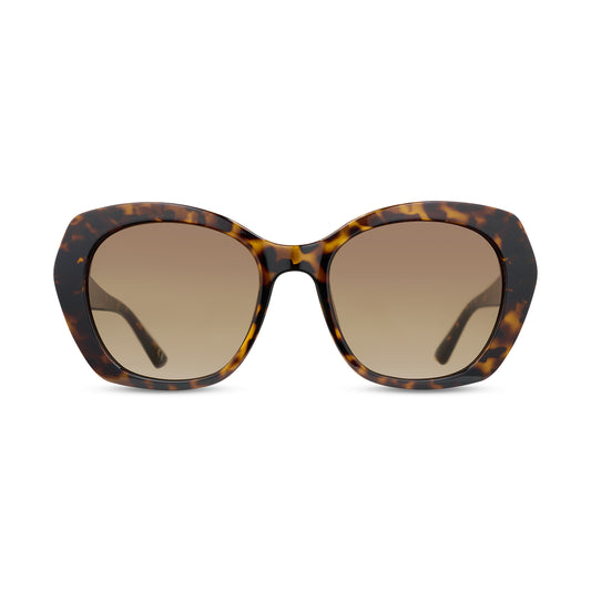 Sunglasses with tortoiseshell frame and brown lenses on a white background