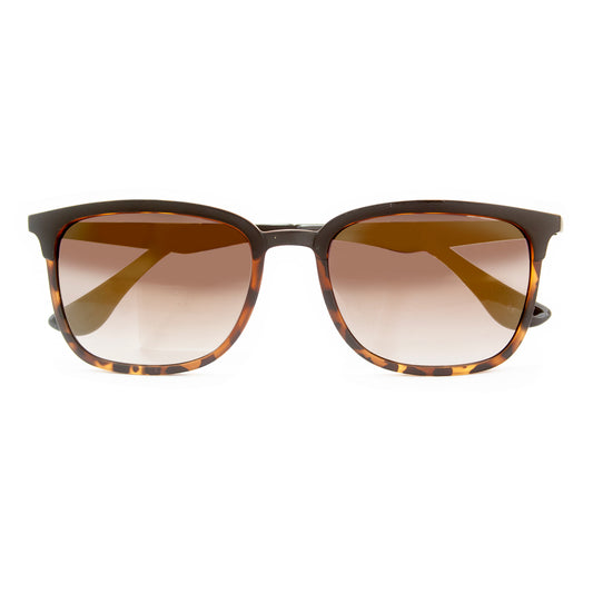 Sunglasses with tortoiseshell frame and gradient lenses on a white background