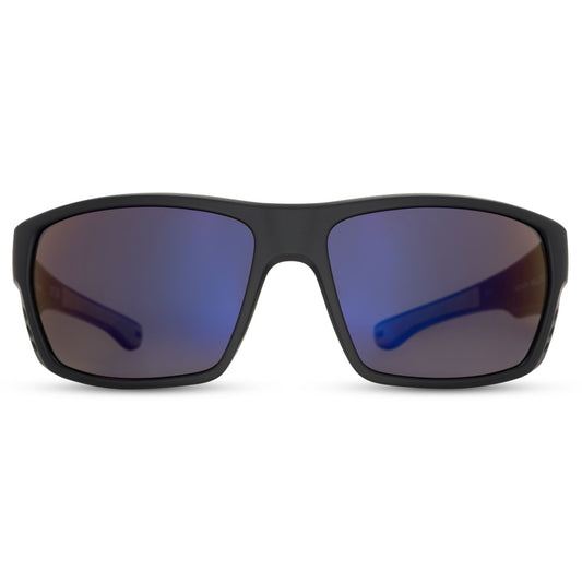 Black sunglasses with blue-tinted lenses on a white background
