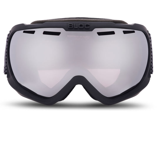 Black goggles with reflective lenses on a white background