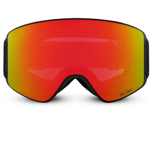 Red and orange ski goggles with black frame on a white background