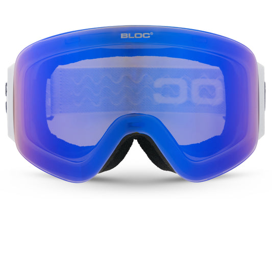 Blue goggles with a white frame on a white background