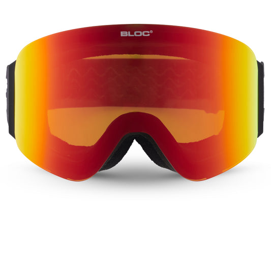 Red and orange ski goggles with 'BLOC' branding on a white background