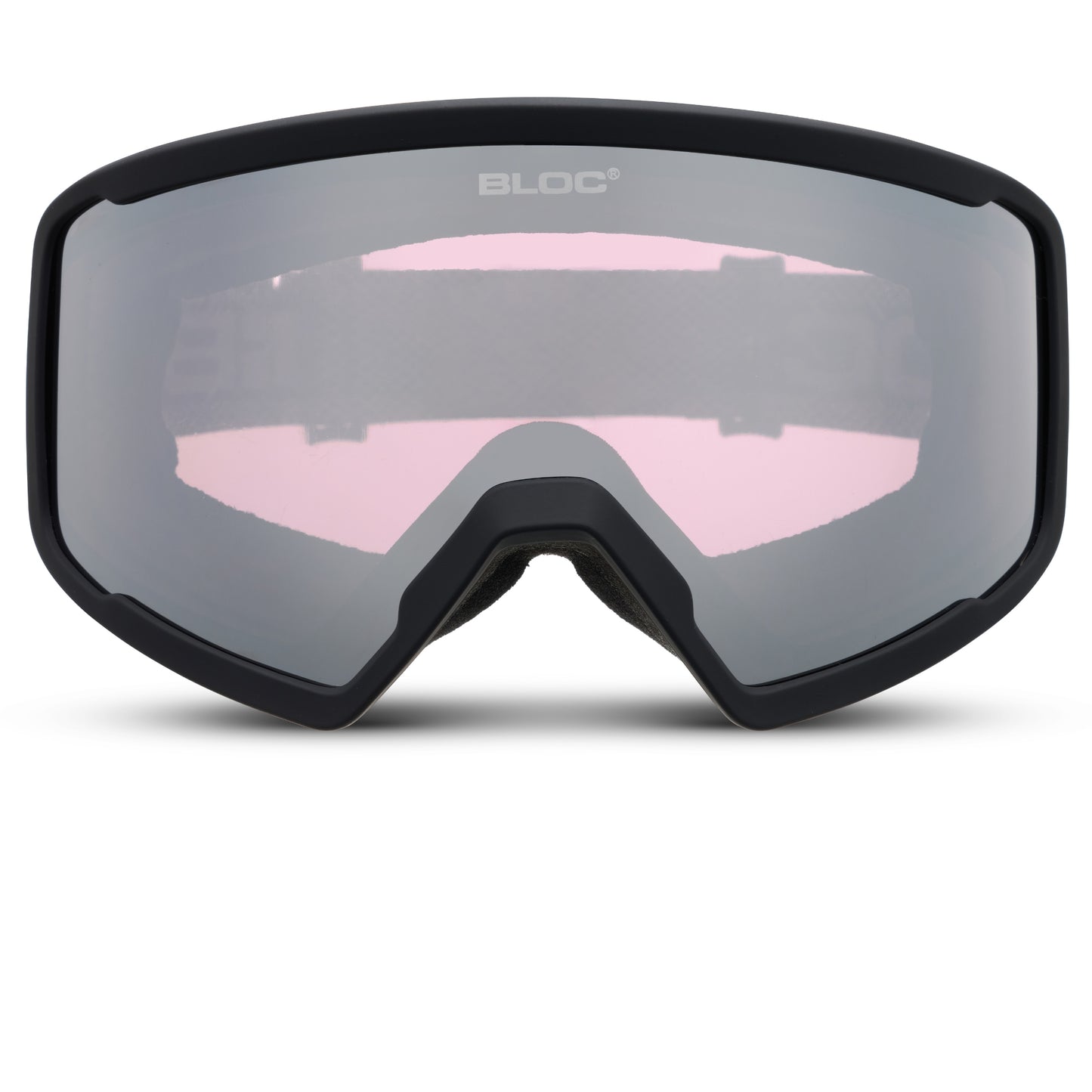 Black goggles with pink interior on a white background