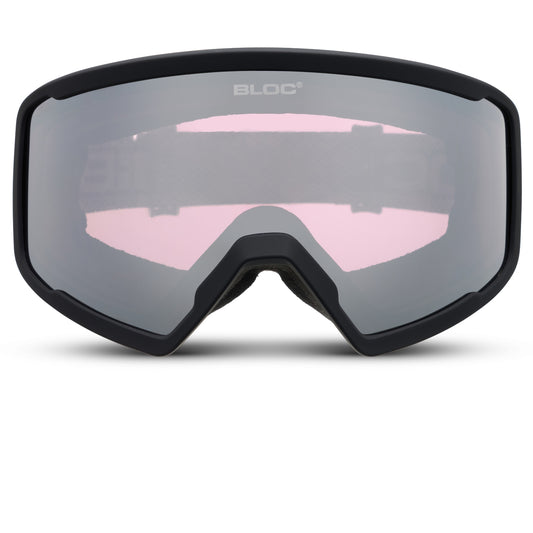 Black goggles with pink interior on a white background