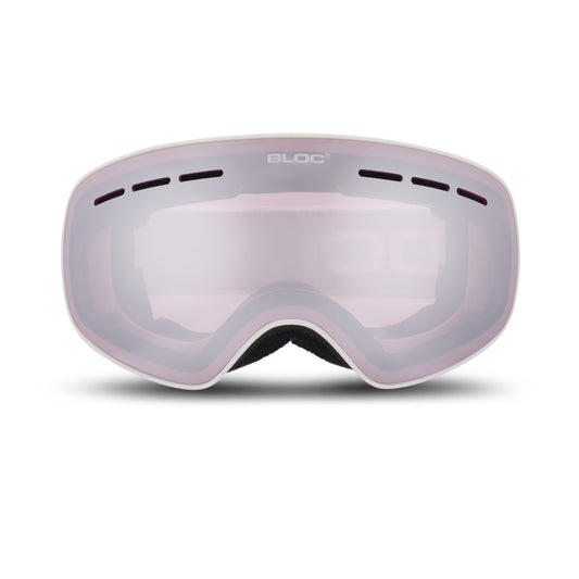 Gray goggles with a reflective lens on a white background