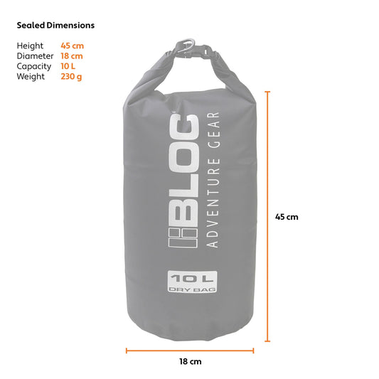 Bloc Adventure Gear black 10 litre waterproof dry sack with TPU coating, roll-top buckle closure and IPX6 water protection.