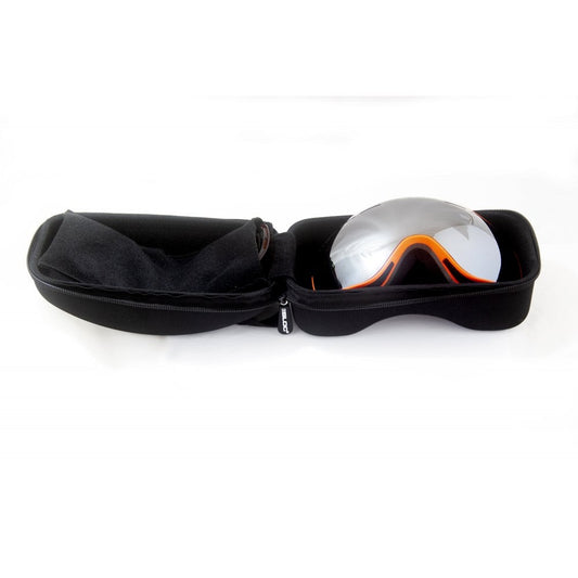 Black protective case with a silver and orange goggles on a white background