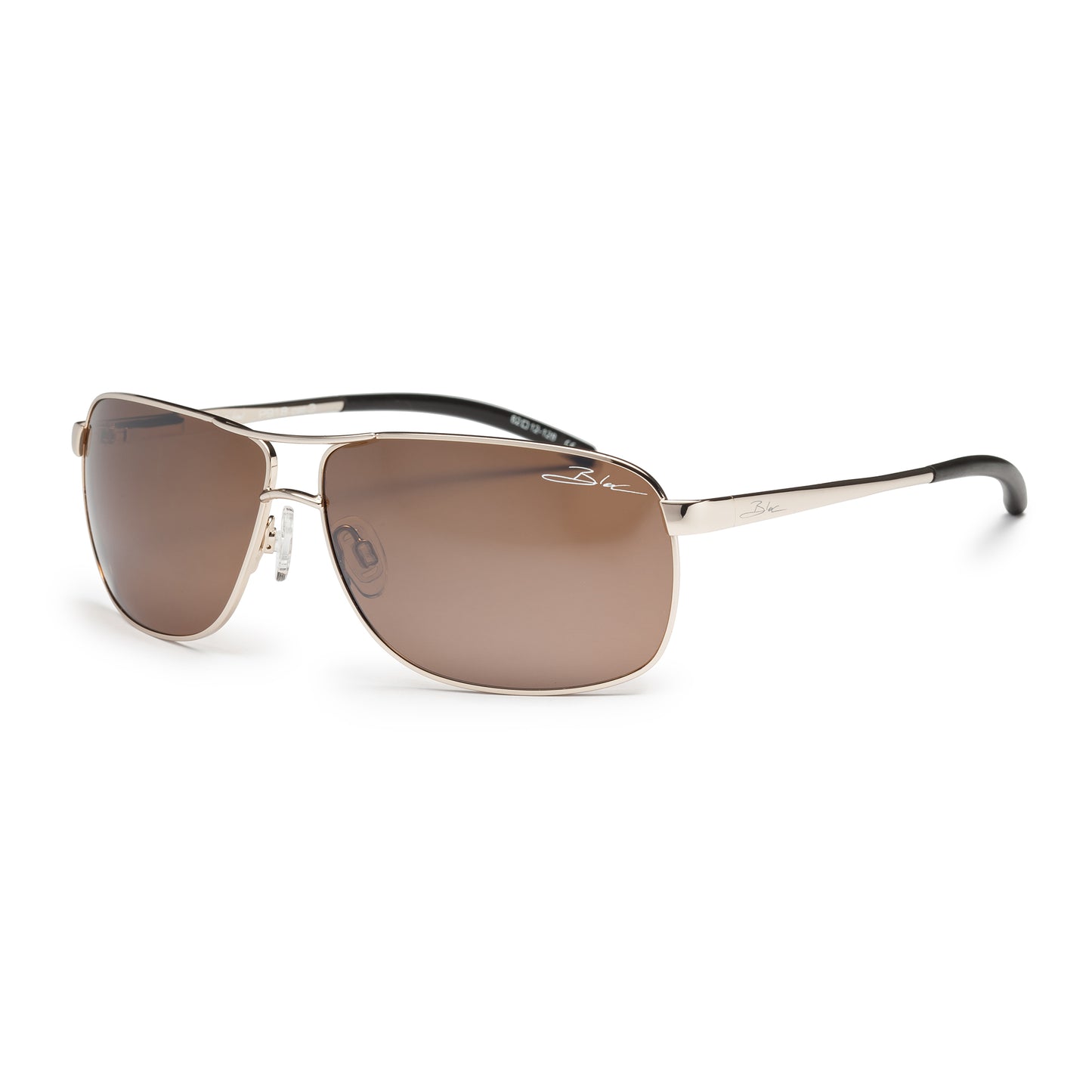 Sunglasses with gold frame and brown lenses on a white background