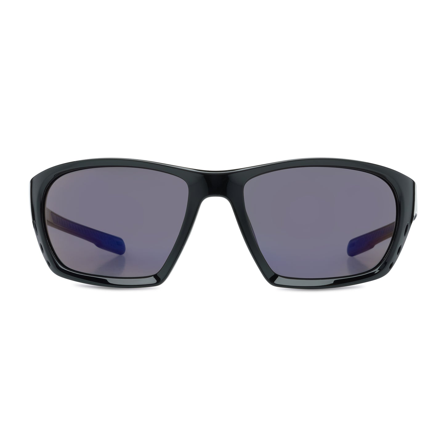 Black sunglasses with blue mirror lenses on a white background