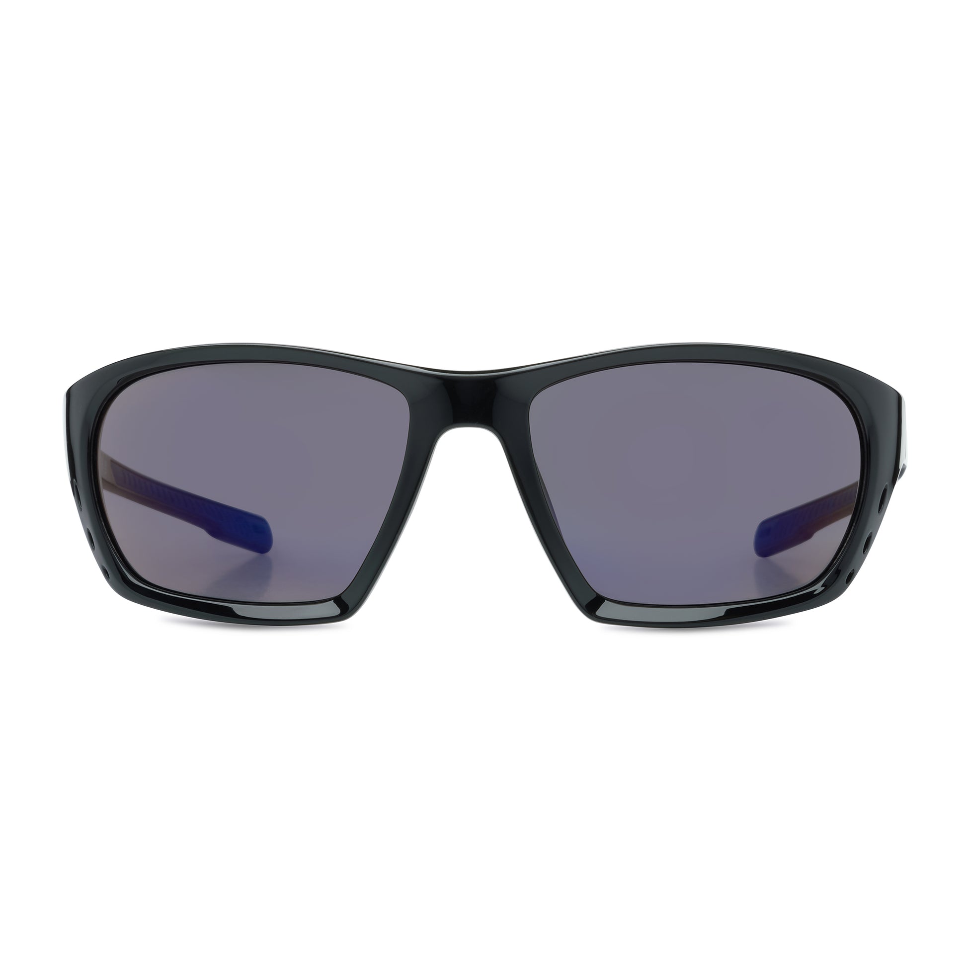 Black sunglasses with blue mirror lenses on a white background