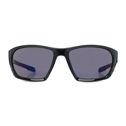 Black sunglasses with blue mirror lenses on a white background