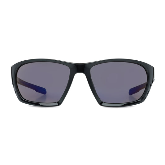 Black sunglasses with blue mirror lenses on a white background