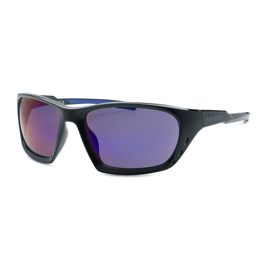 Black sunglasses with blue tinted lenses on a white background