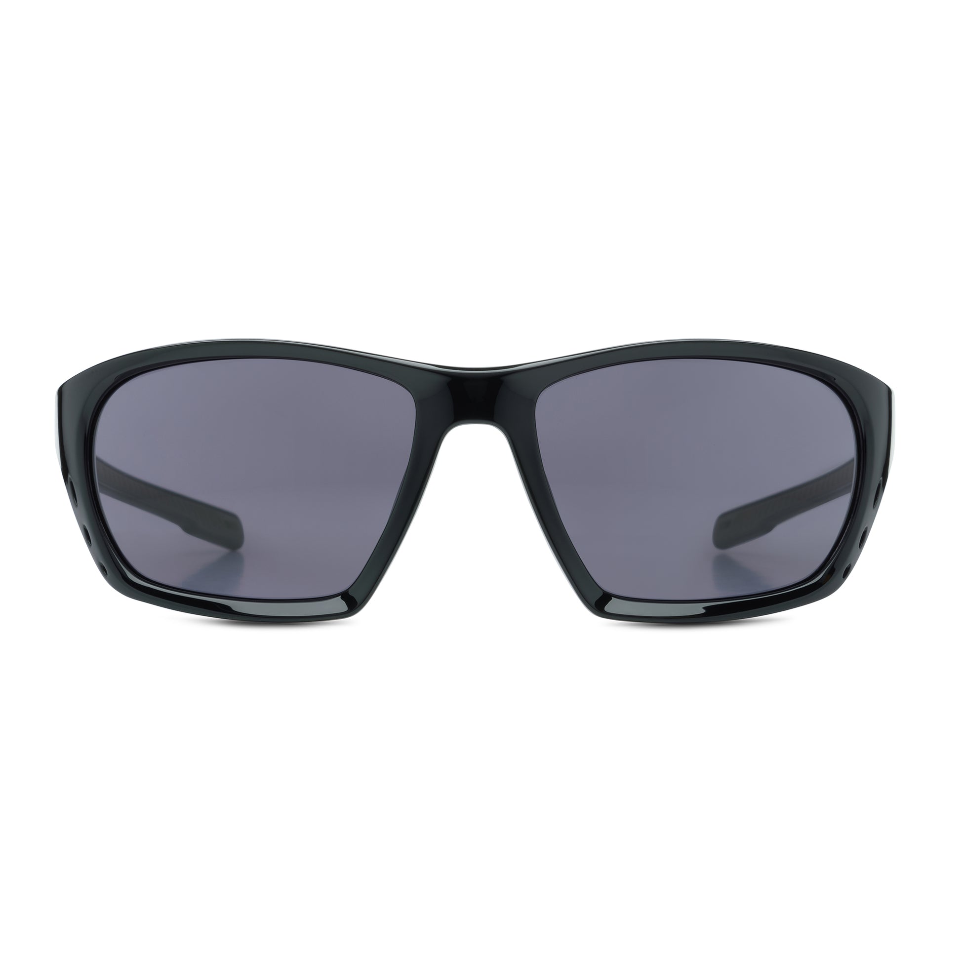 Black sunglasses with dark lenses on a white background