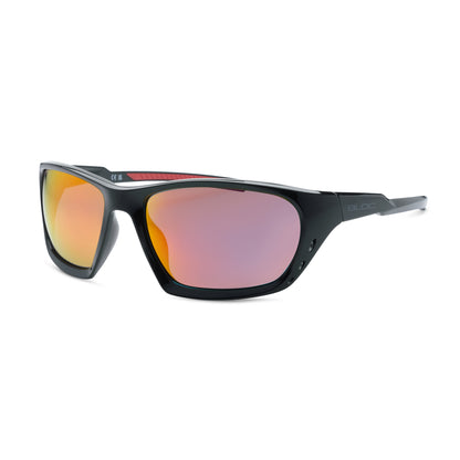 Sunglasses with black frame and red-tinted lenses on a white background