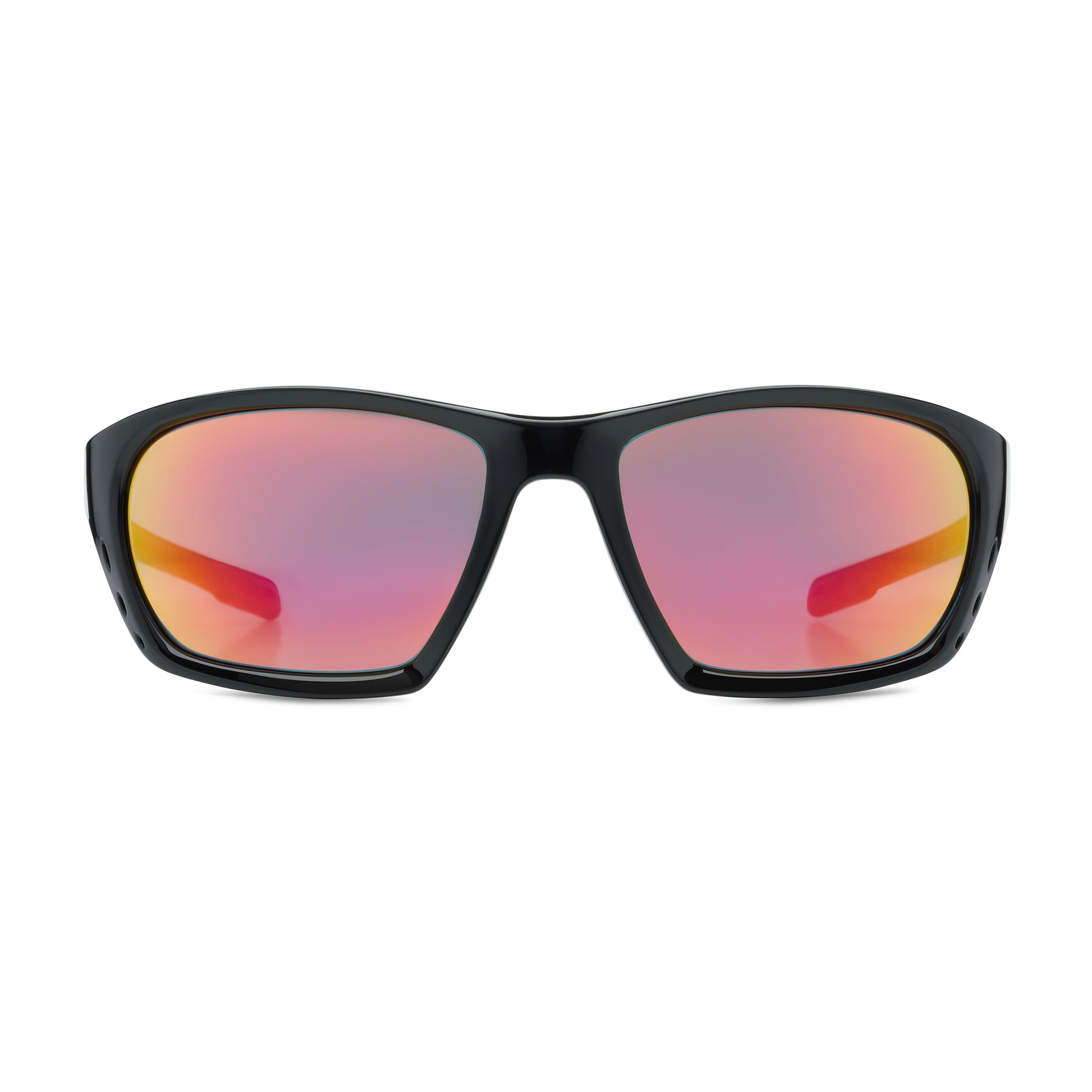 Sunglasses with black frame and red-tinted lenses on a white background