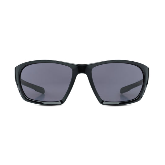 Black sunglasses with dark lenses on a white background