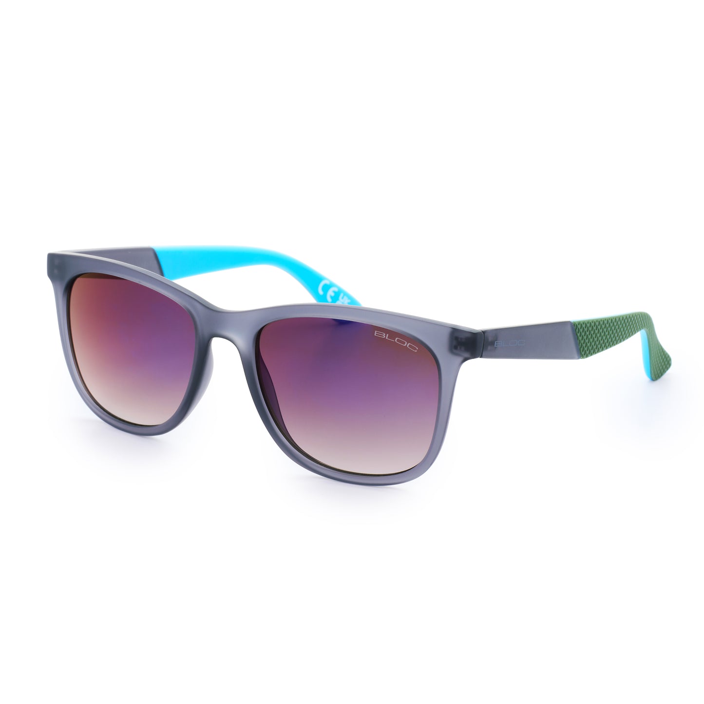 Sunglasses with a blue frame and gradient lenses on a white background