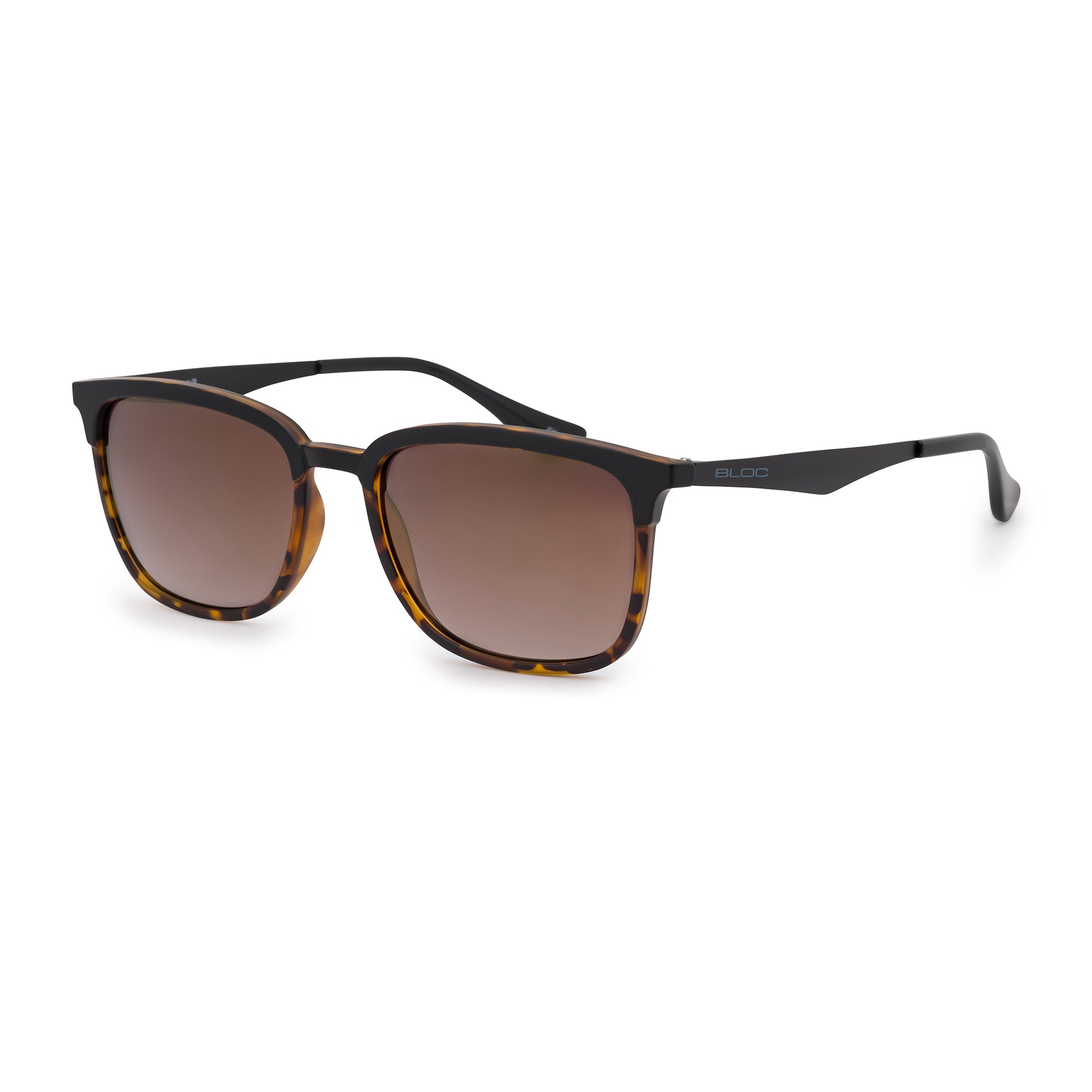 Sunglasses with tortoiseshell frame and brown lenses on a white background