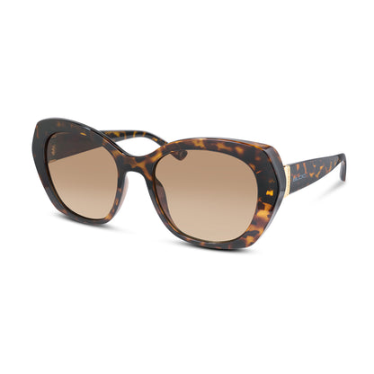 Sunglasses with tortoiseshell frame and brown gradient lenses on a white background