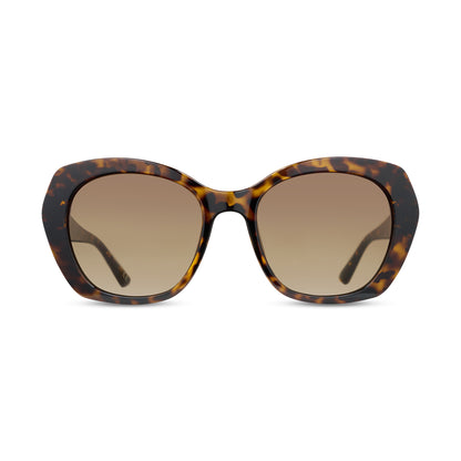 Sunglasses with tortoiseshell frame and brown lenses on a white background