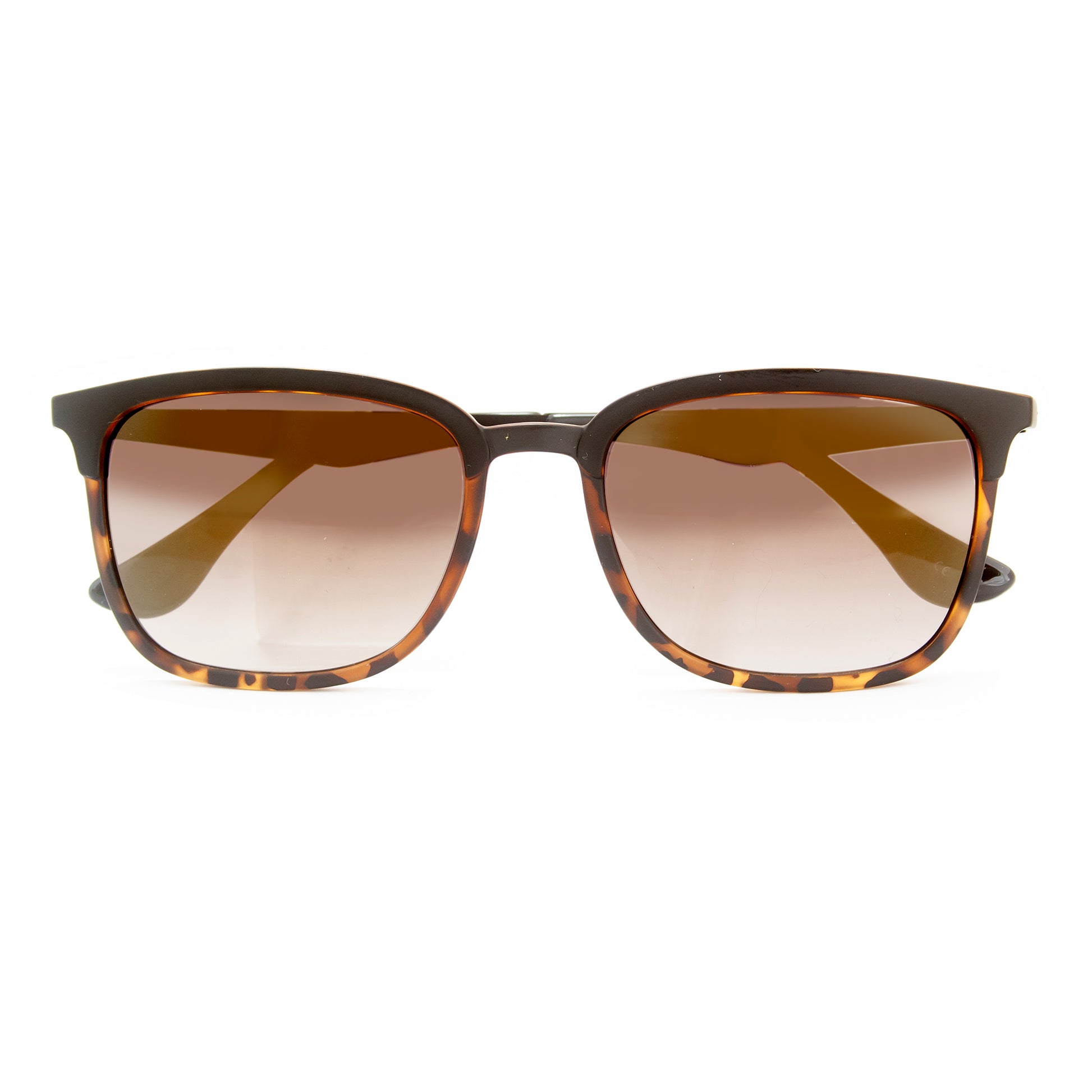 Sunglasses with tortoiseshell frame and gradient lenses on a white background