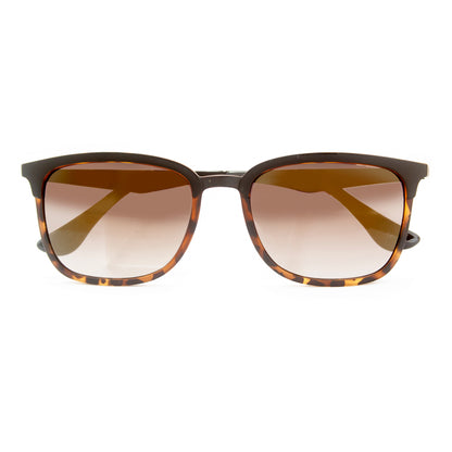 Sunglasses with tortoiseshell frame and gradient lenses on a white background
