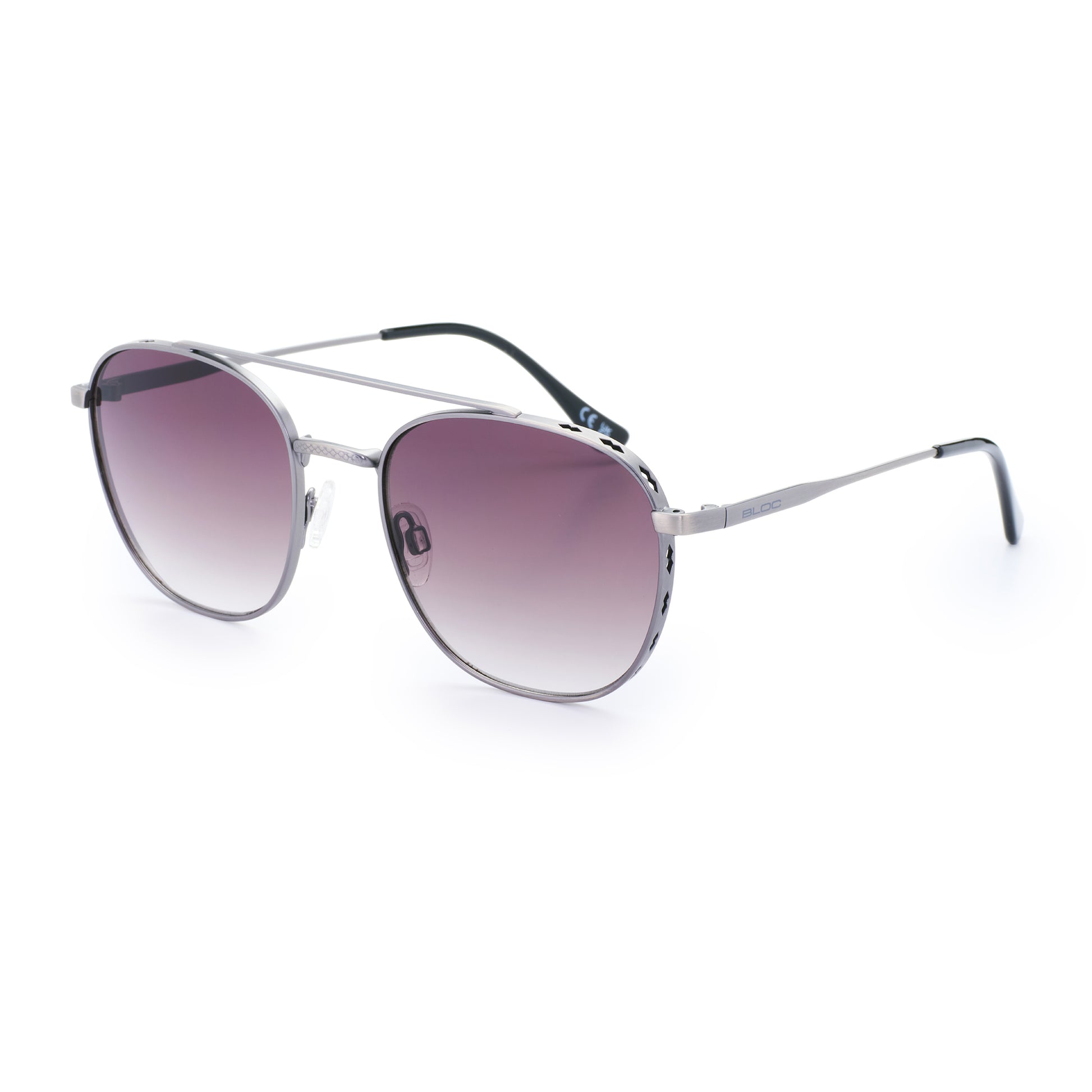 Sunglasses with gradient purple lenses on a white background