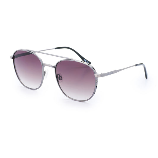 Sunglasses with gradient purple lenses on a white background