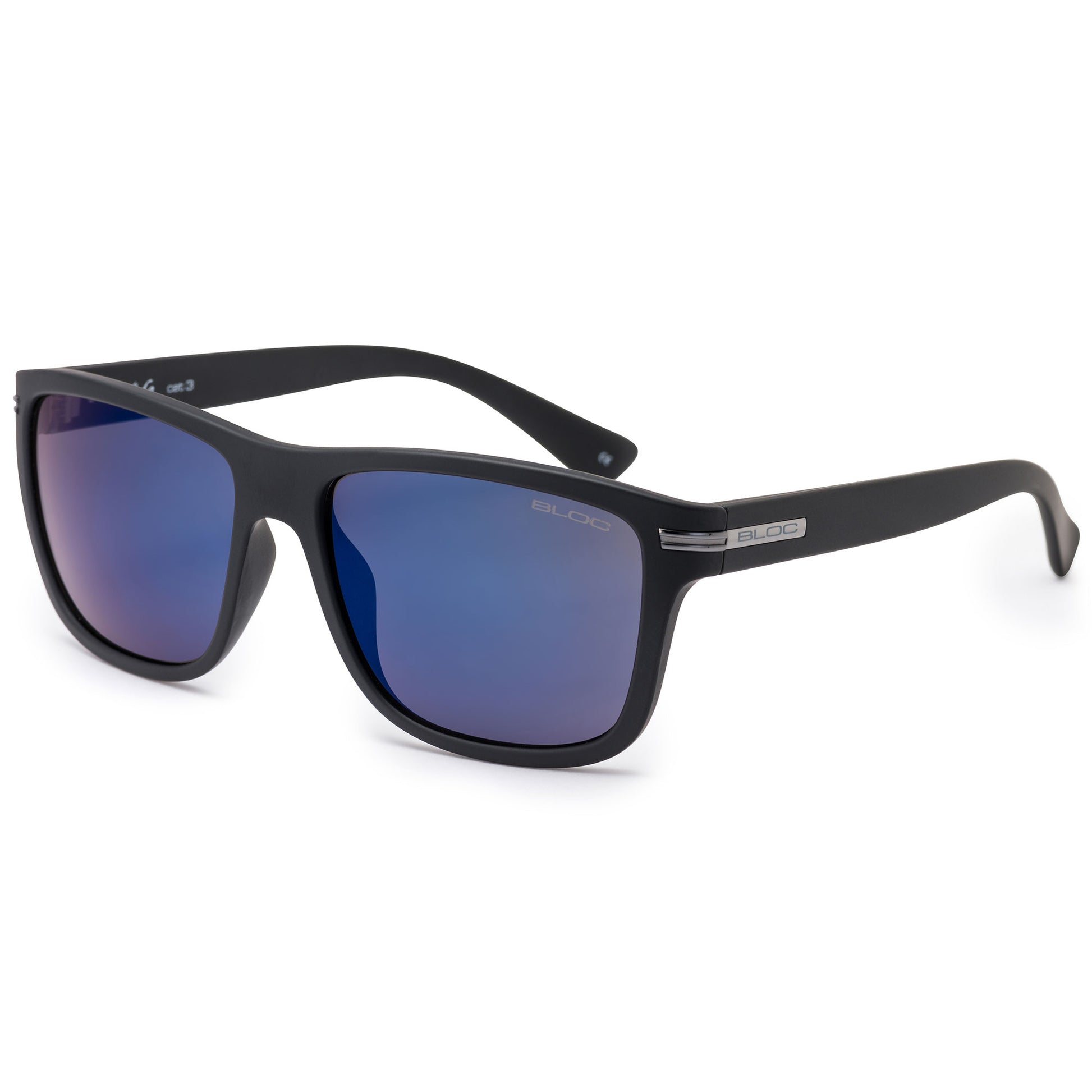 Black sunglasses with blue lenses on a white background