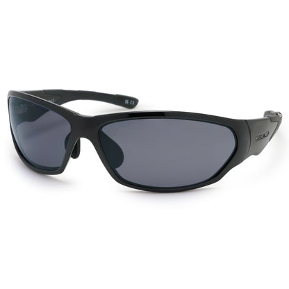 Black sunglasses with dark lenses on a white background