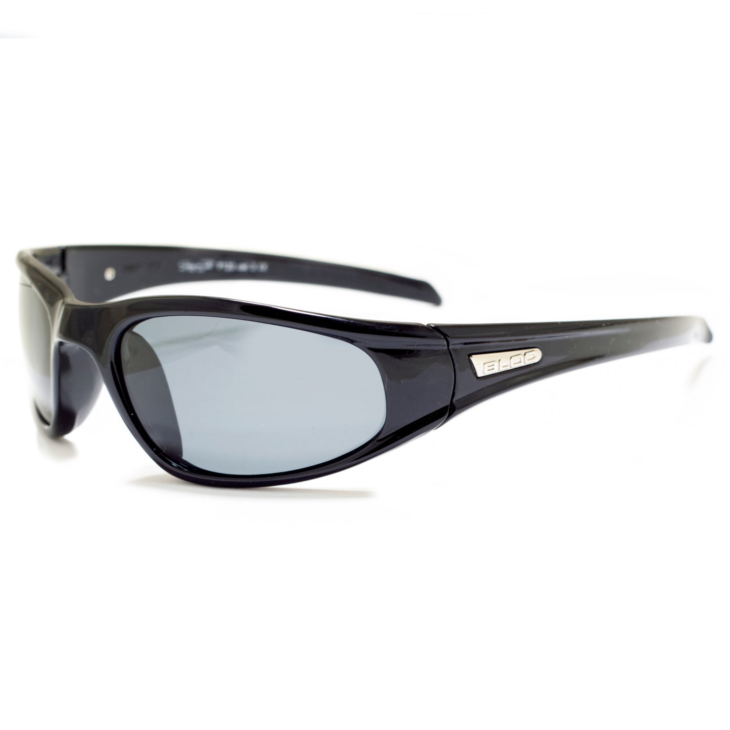 Black sunglasses with a reflective lens on a white background