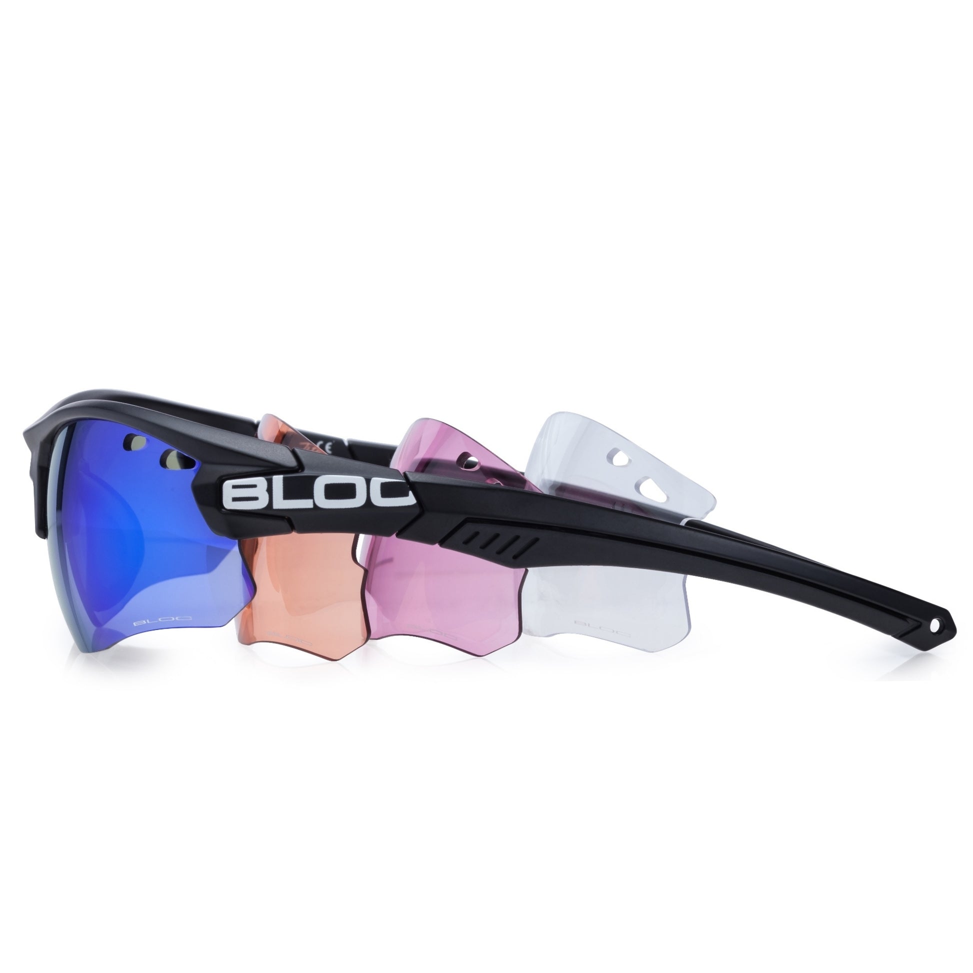 Bloc Titan XB630 sunglasses – black 4-lens system with blue mirror Cat 3 lens for adaptable performance, clarity, and protection in all conditions.