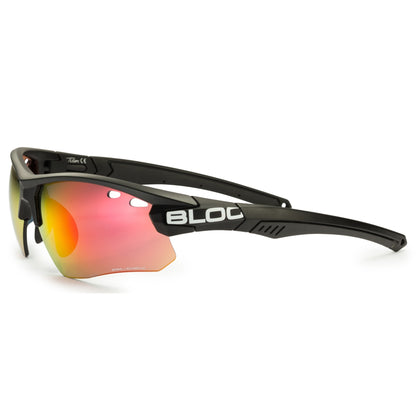 Sunglasses with black frame and colorful lenses on a white background
