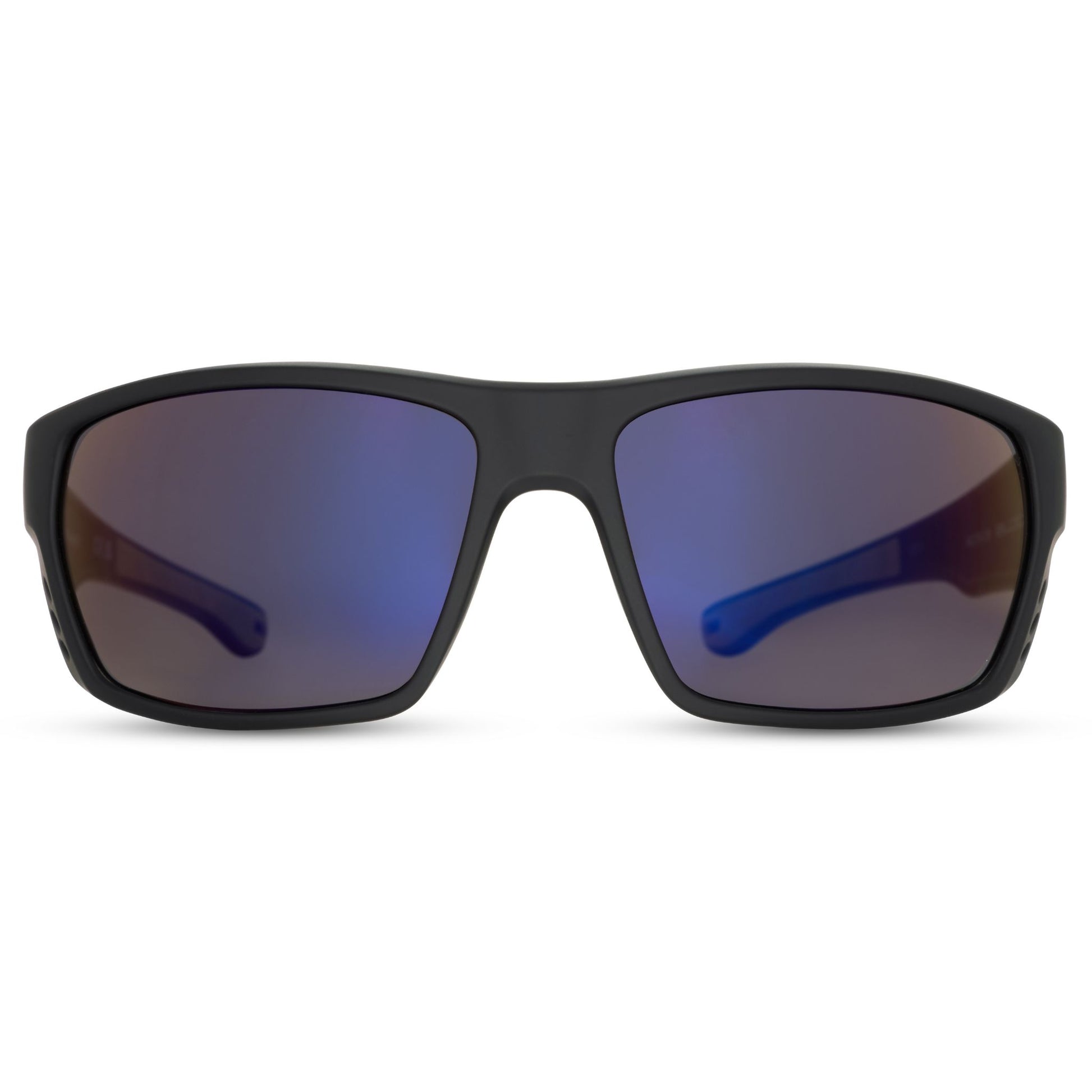 Black sunglasses with blue-tinted lenses on a white background