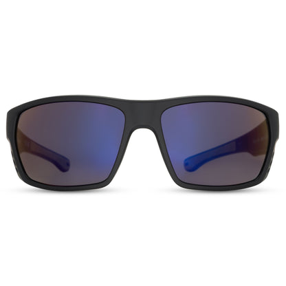 Black sunglasses with blue-tinted lenses on a white background