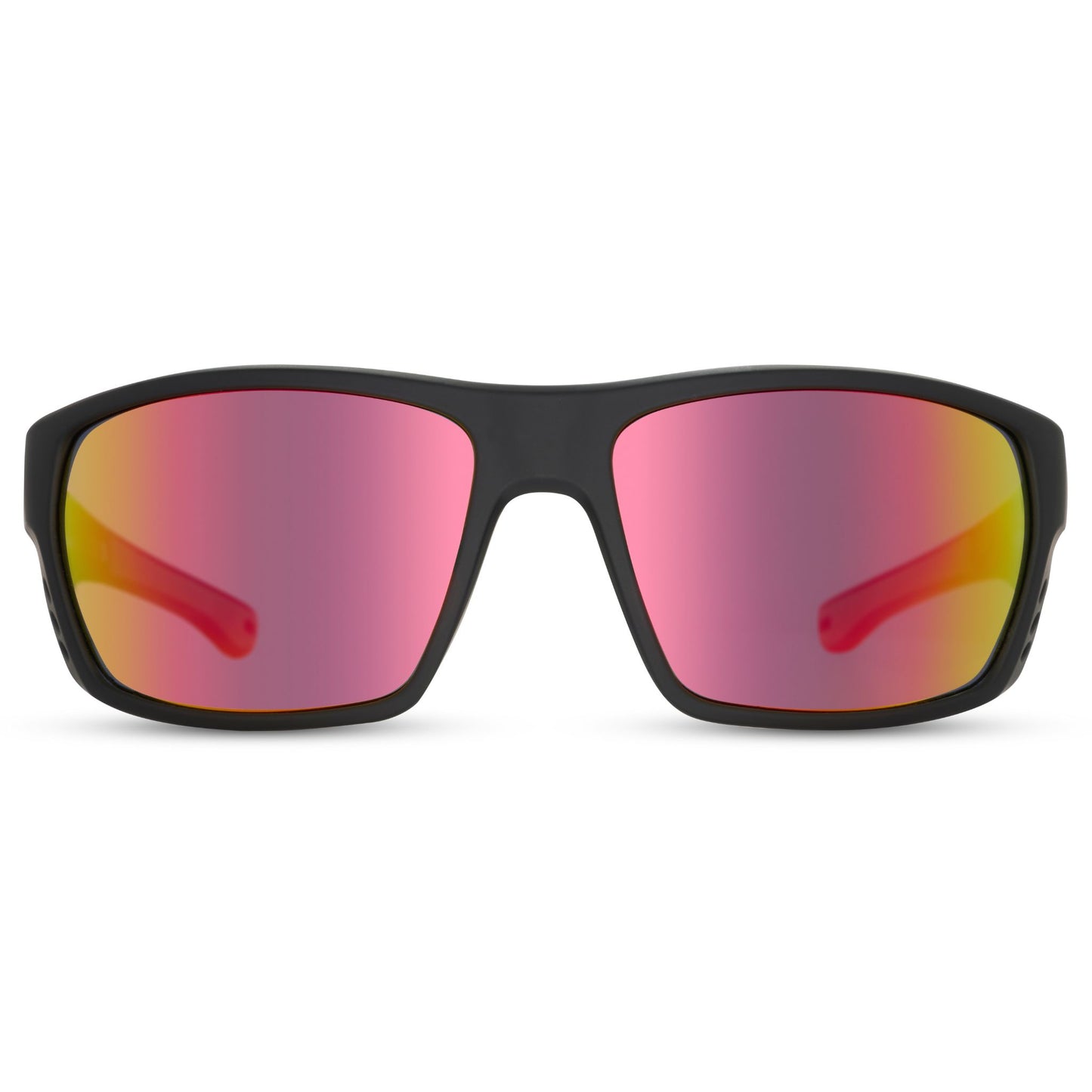 Sunglasses with black frame and red-tinted lenses on a white background