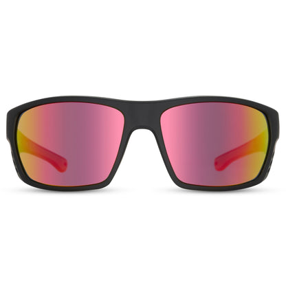 Sunglasses with black frame and red-tinted lenses on a white background