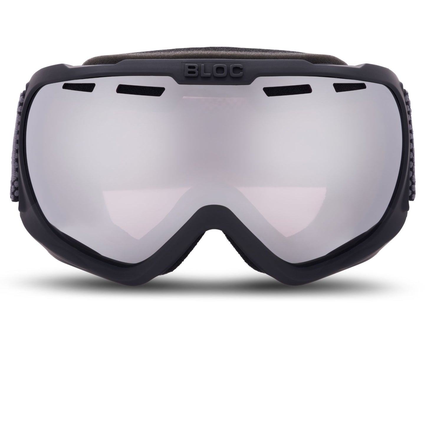 Black goggles with reflective lenses on a white background