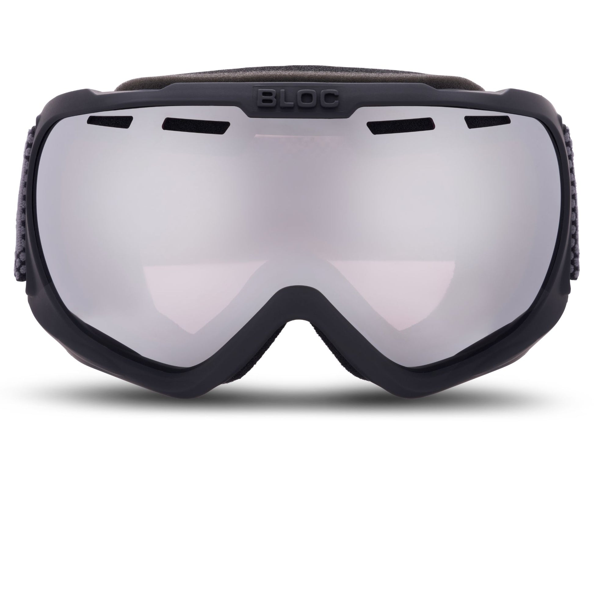 Black goggles with reflective lenses on a white background