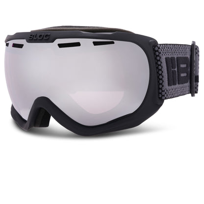 Black goggles with a reflective lens on a white background