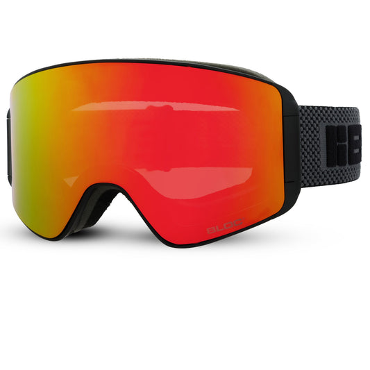 Ski goggles with red-orange lenses and black frame on a white background