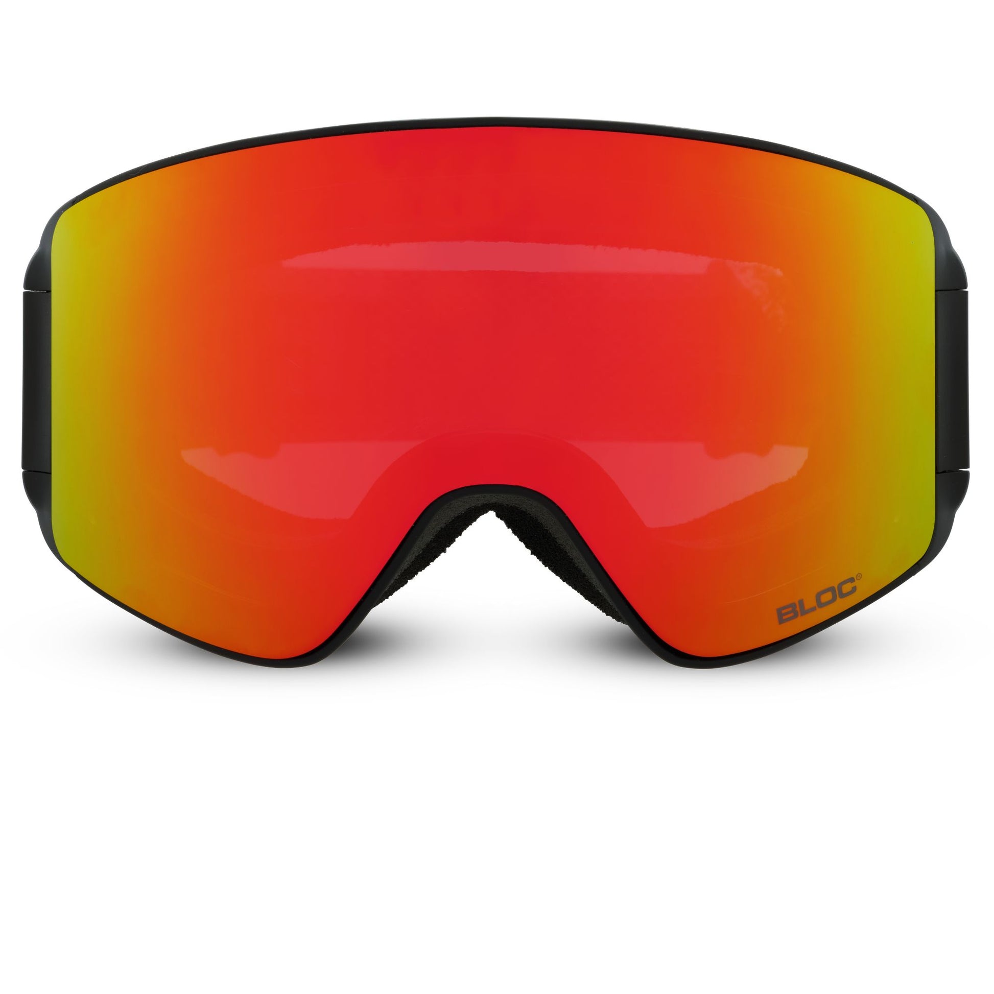Red and orange ski goggles with black frame on a white background