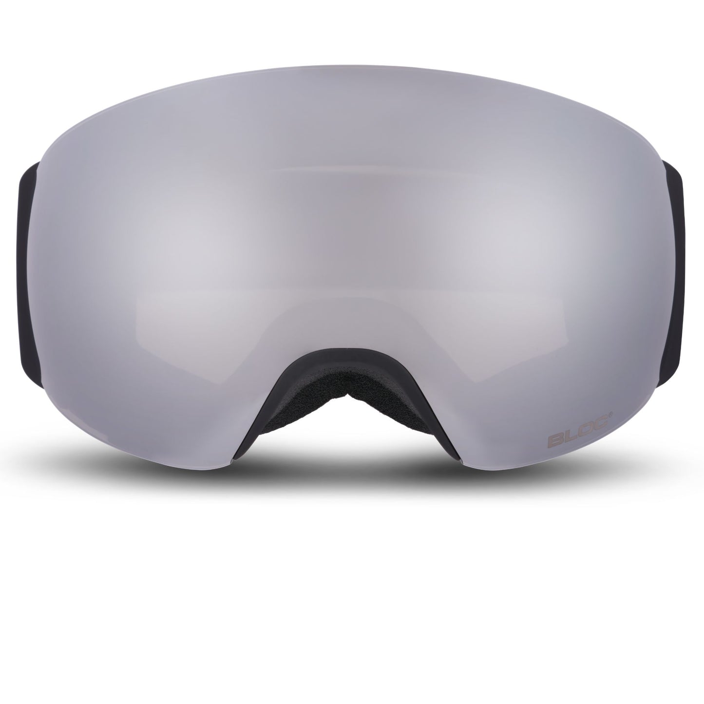 Gray ski goggles with black frames on a white background