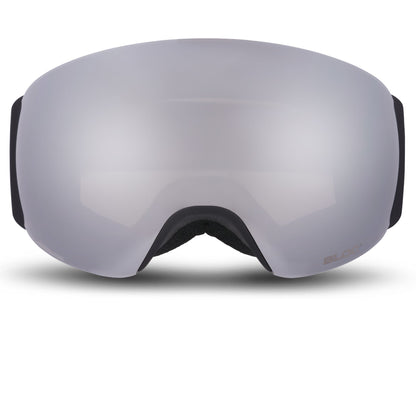 Gray ski goggles with black frames on a white background