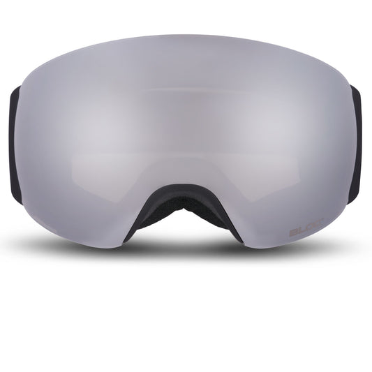 Gray ski goggles with black frames on a white background