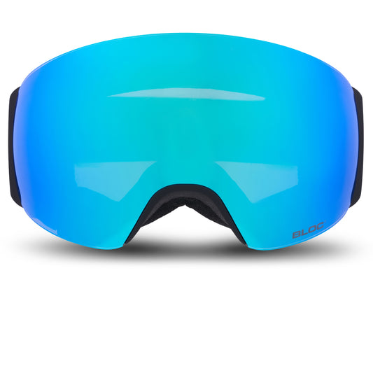 Blue ski goggles with black frames on a white background
